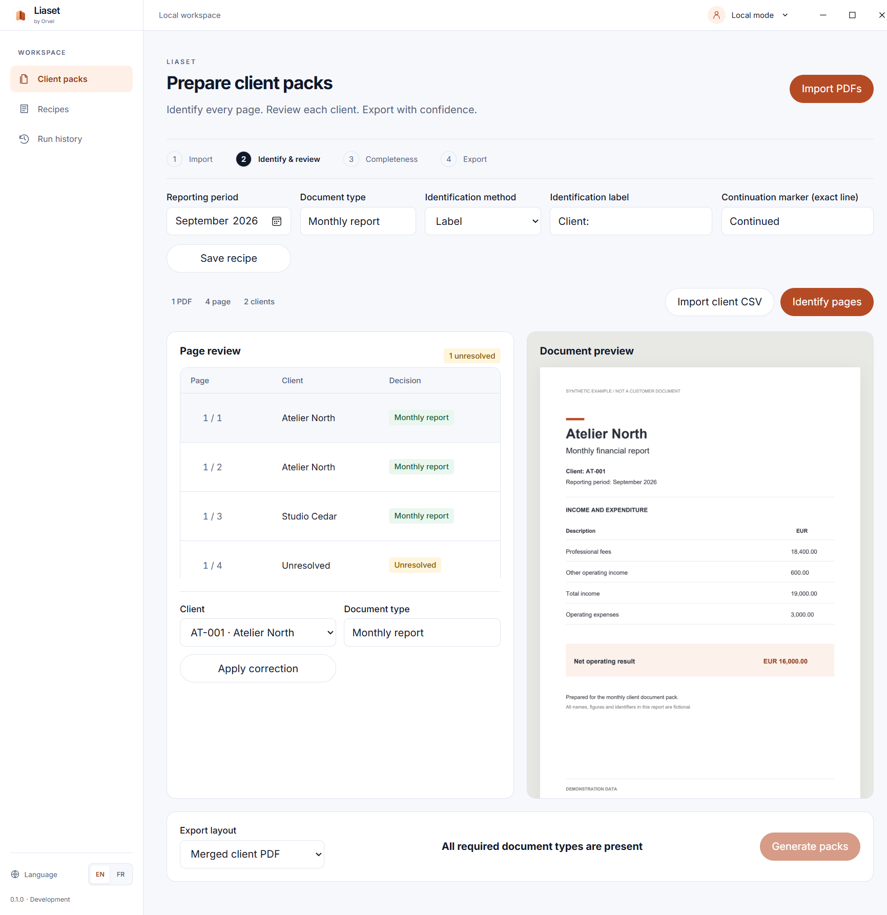 Actual Windows app with synthetic client documents