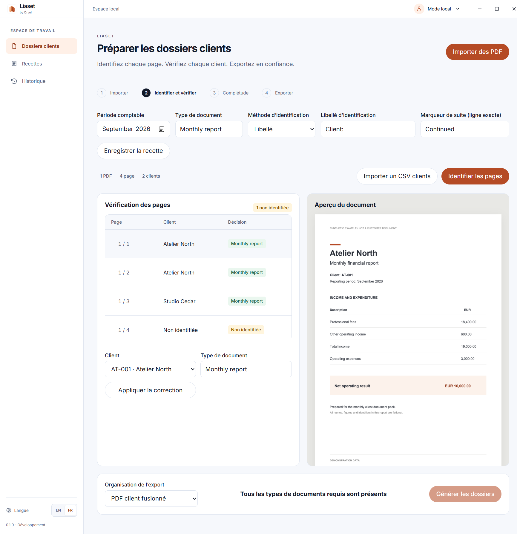 Capture réelle de l’application Windows avec des documents clients fictifs